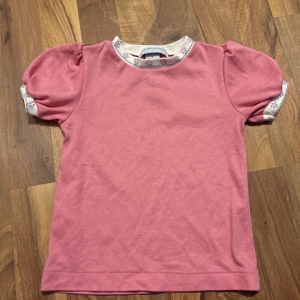 Vintage OshKosh B'gosh Girls Pink Puffed Sleeve Floral Trim T-Shirt Size 6 USA